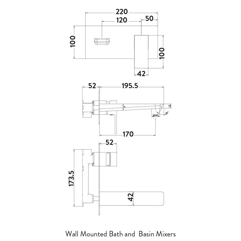 Scudo Muro Matt Black Wall Mounted Bath Mixer Dimensions