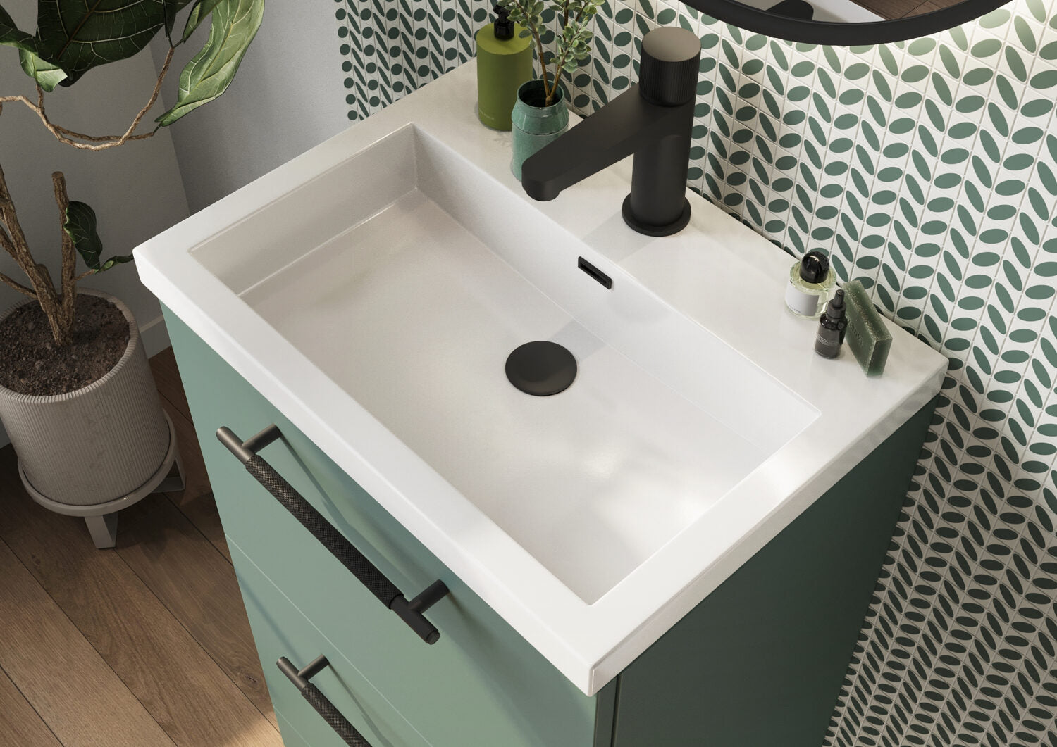 Scudo Muro Plus Floorstanding 500mm Vanity Unit with Basin in Reed Green lifestyle 2
