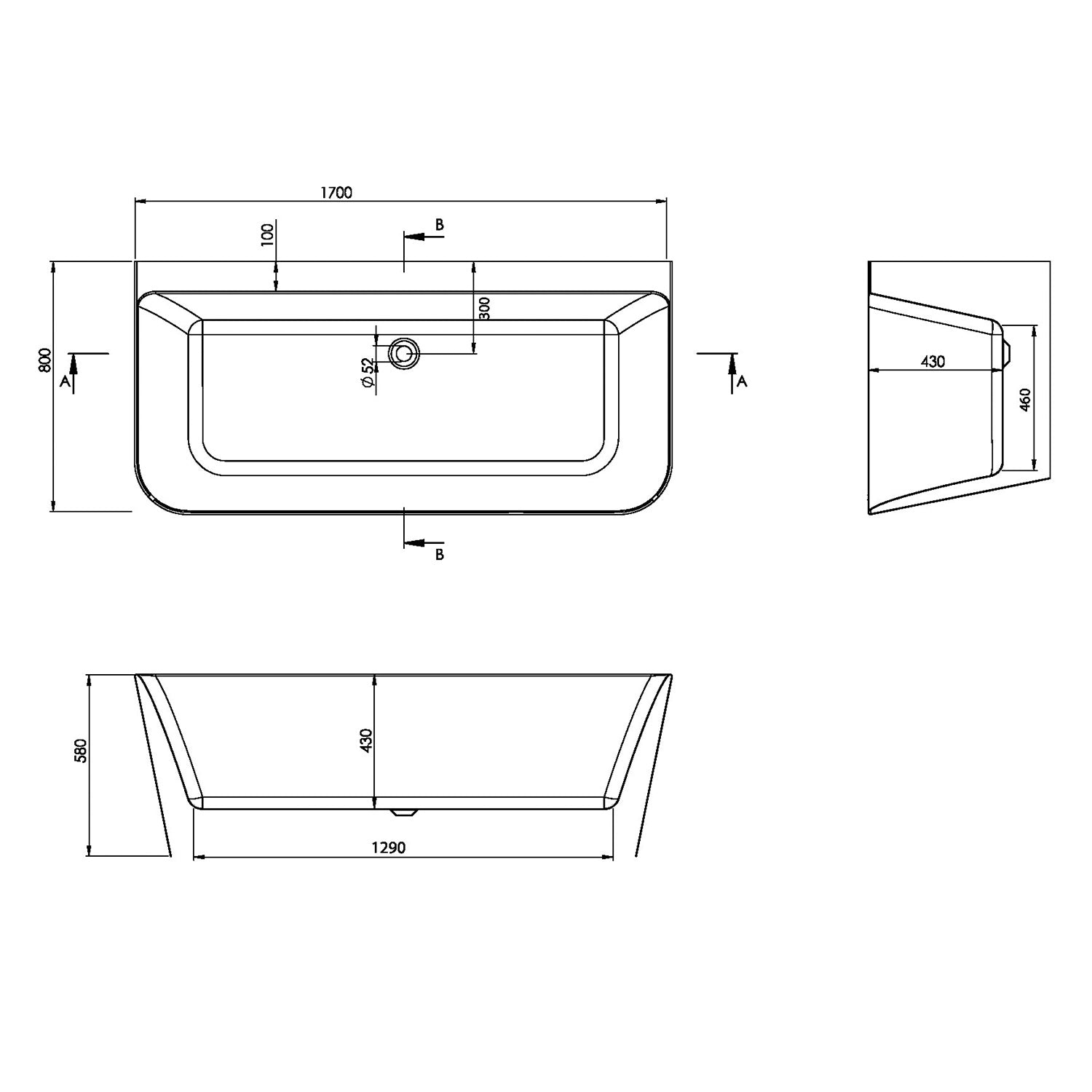 Scudo Porto 1700 x 800mm Back to Wall Bath in Gloss White dimensions