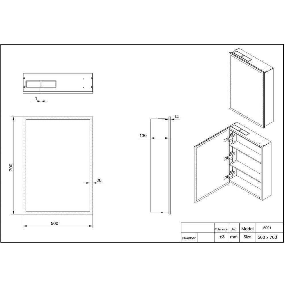 Scudo Prospr 500 x 700mm LED Single Door Mirror Cabinet with Bluetooth dimensions