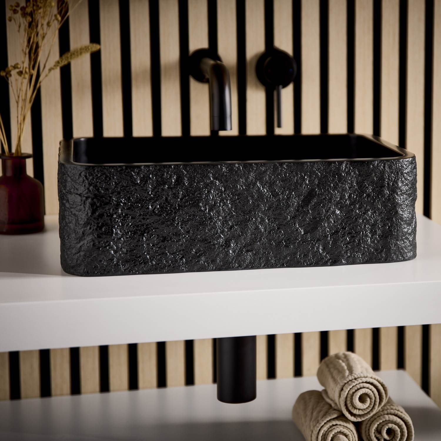Scudo Rok Rectangular Countertop Basin in Black lifestyle 3