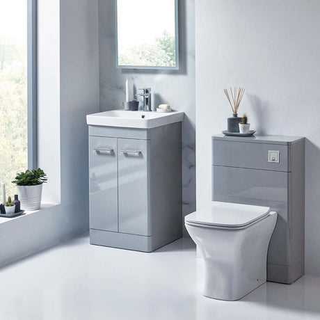 Scudo Rossini 600mm Floorstanding Vanity Unit and Basin in Gloss Pebble Grey lifestyle