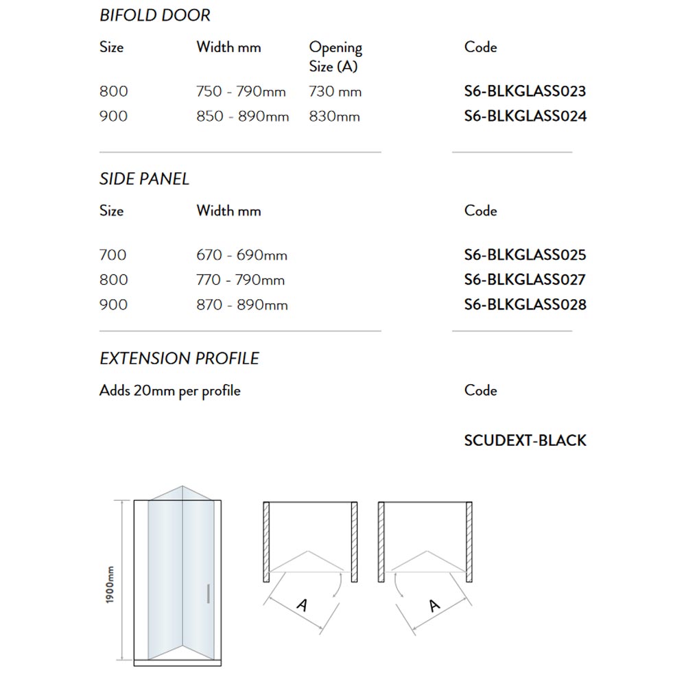 Scudo S6 Black Bifold Semi Frameless Shower Door Dimensions