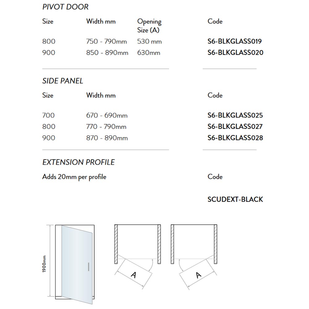 Scudo S6 Black Pivot Shower Door Dimensions
