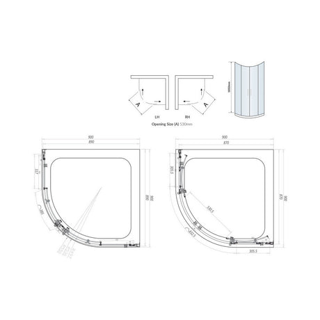 Scudo S6 Brushed Brass 900mm Double Door Quadrant Shower Enclosure Dimensions