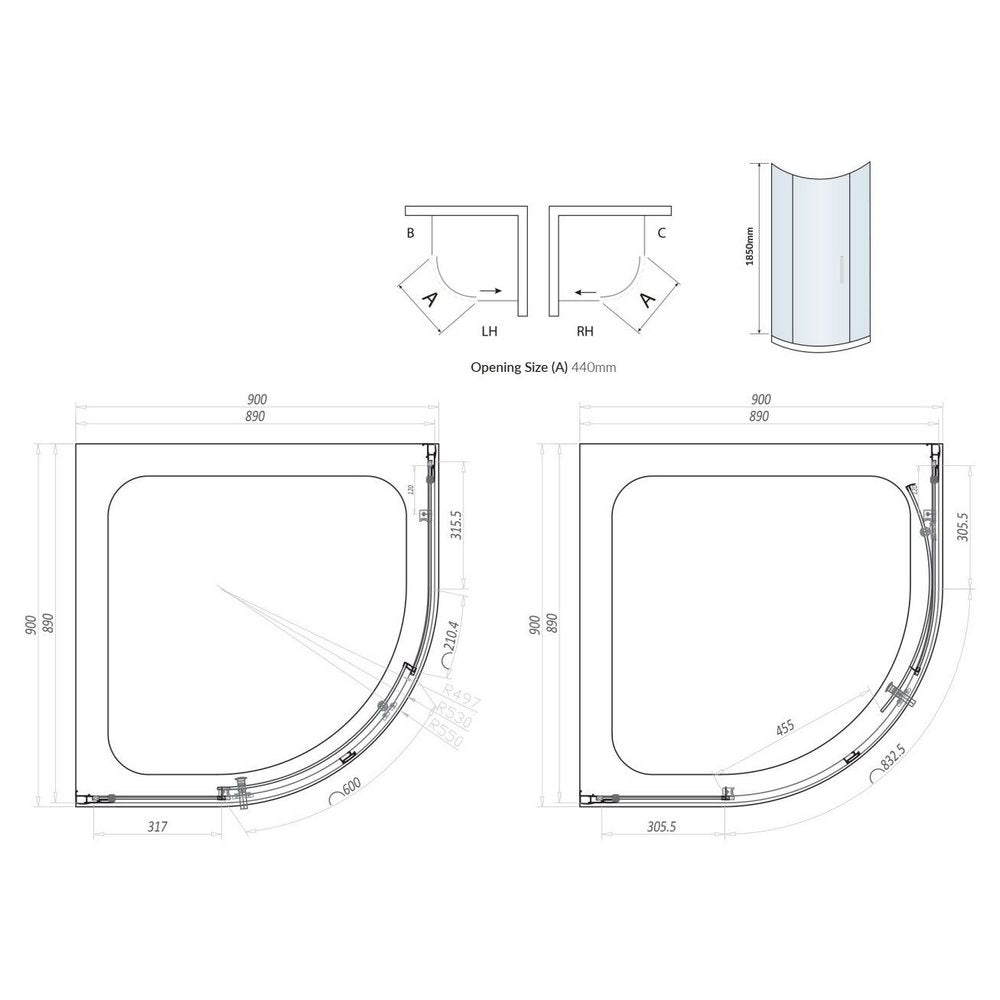 S6-GLASS008 Scudo S6 Chrome 900mm Single Door Quadrant Shower Enclosure Line Drawing
