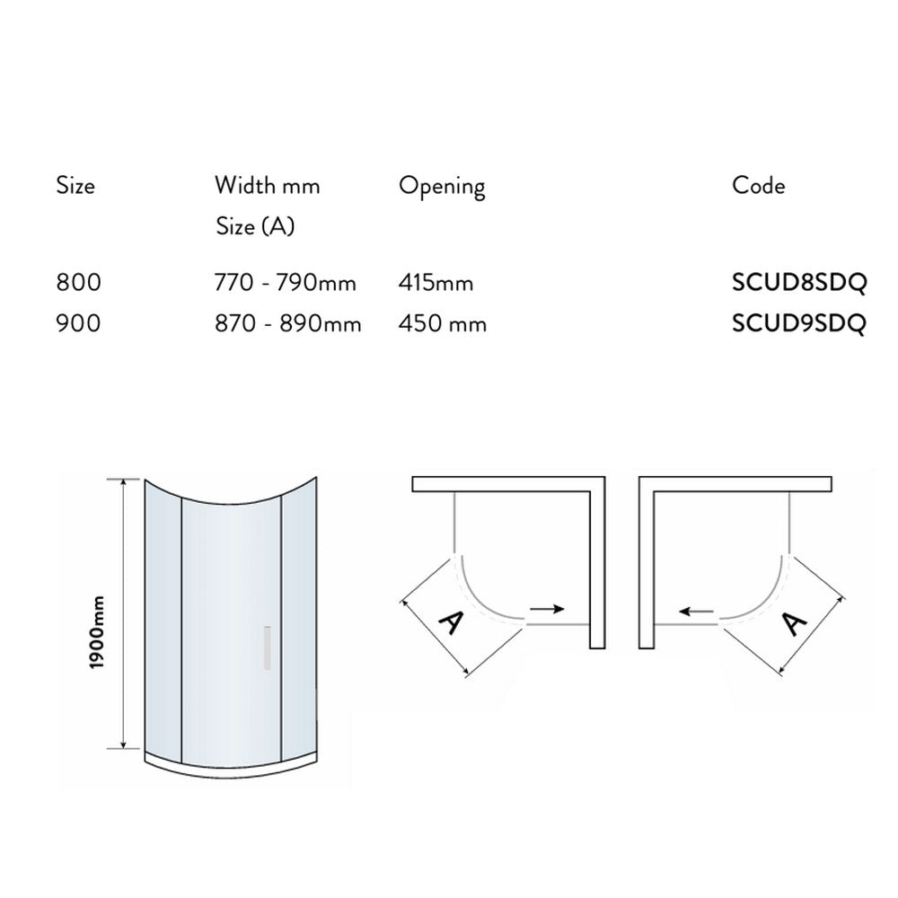 SCUD8SDQ/ SCUD9SDQ Scudo S8 Chrome Single Door Quadrant Shower Enclosure (2)