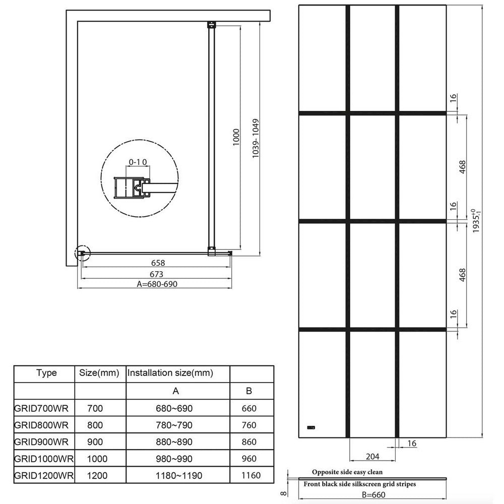 Scudo S8 Single Wetroom Grid Panel in Black dimensions