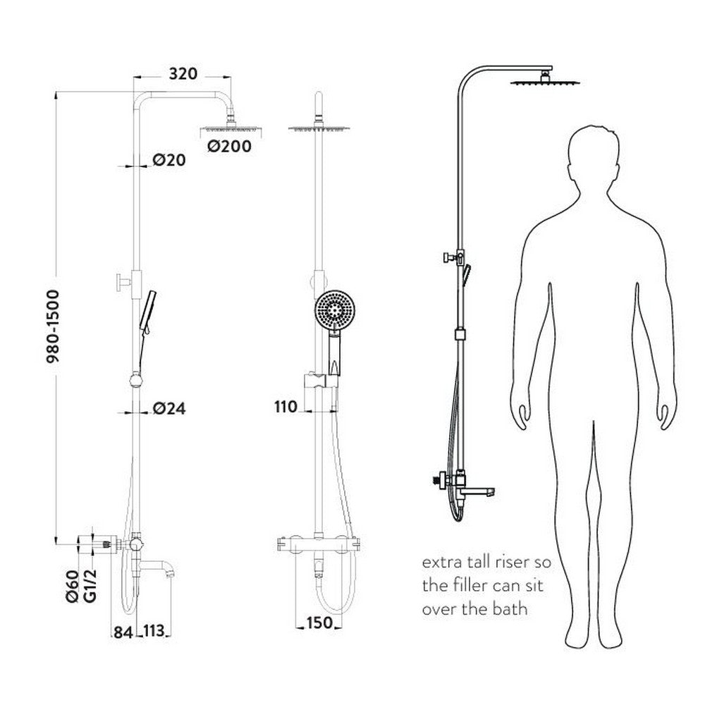 SHOWER011S Scudo Solar Chrome Round Rigid Riser Shower with Bath Filler Line Drawing