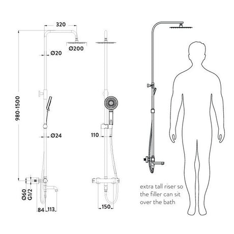 SHOWER011S Scudo Solar Chrome Round Rigid Riser Shower with Bath Filler Line Drawing
