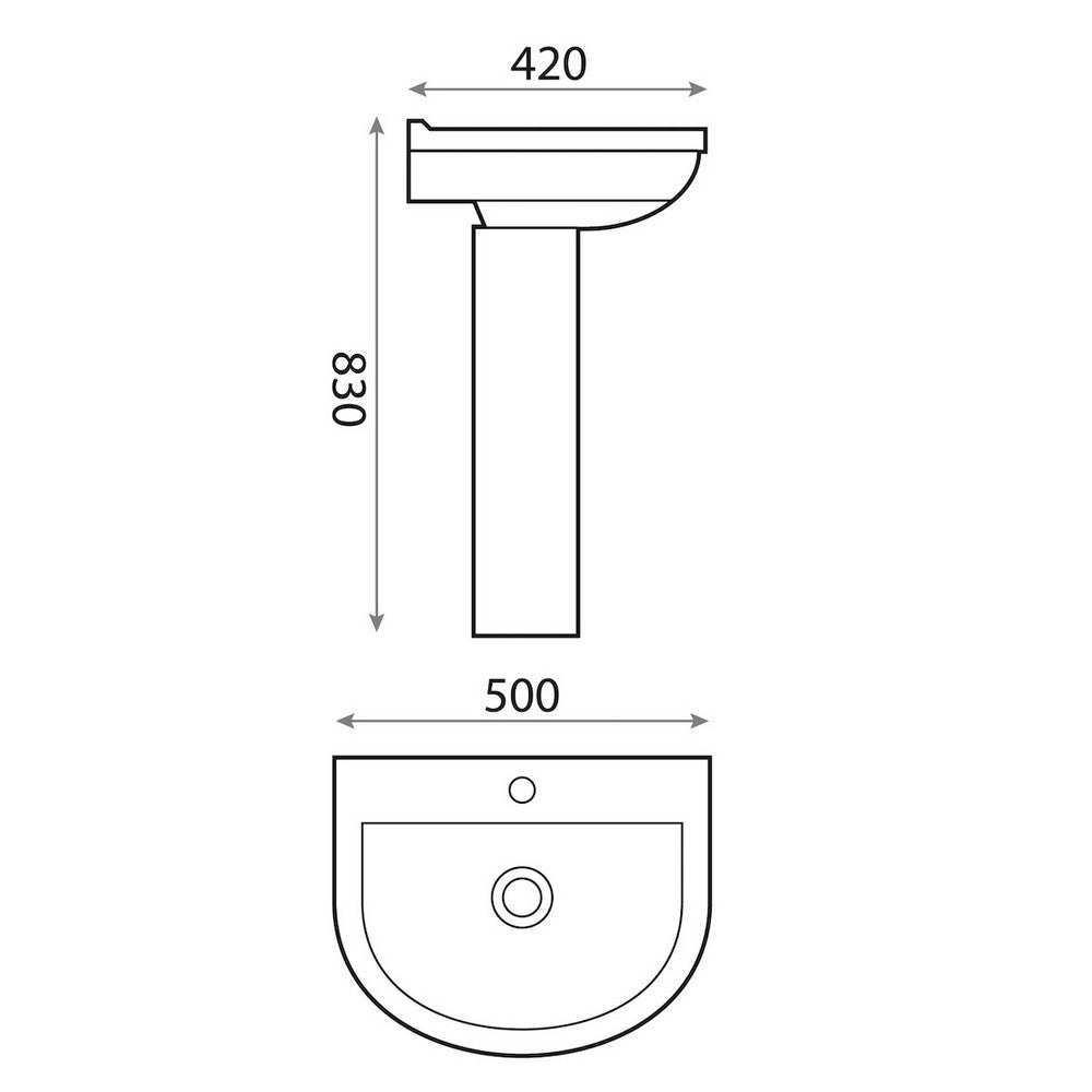 Scudo Spa 500mm One Tap Hole Basin and Pedestal Dimensions