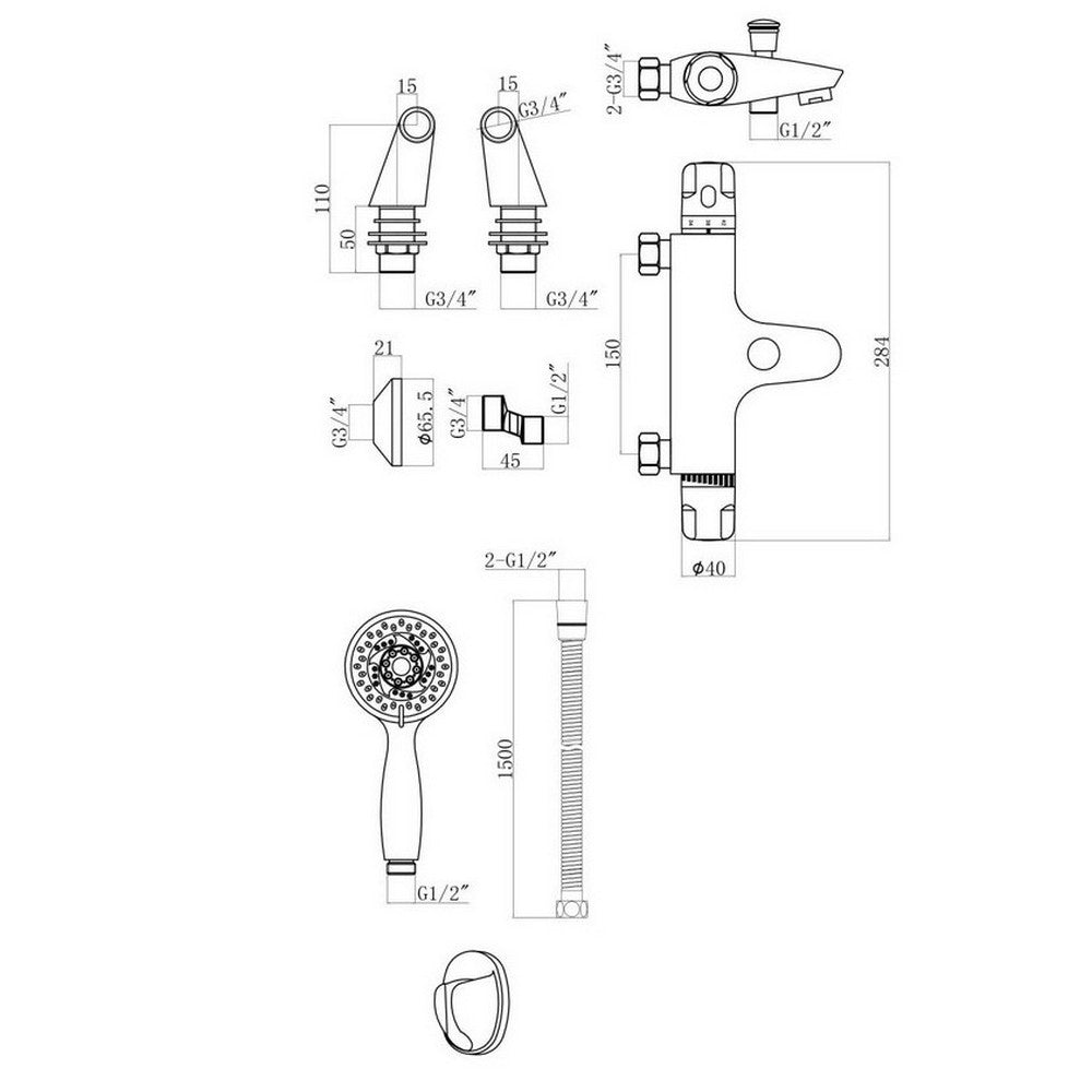 Scudo Tidy Chrome Thermostatic Bath Shower Mixer Wall and Deck Mounted Dimensions