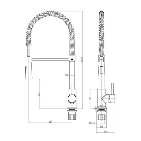 Scudo Tirare Brushed Nickel Kitchen Tap with Pull Out Spray Dimensions