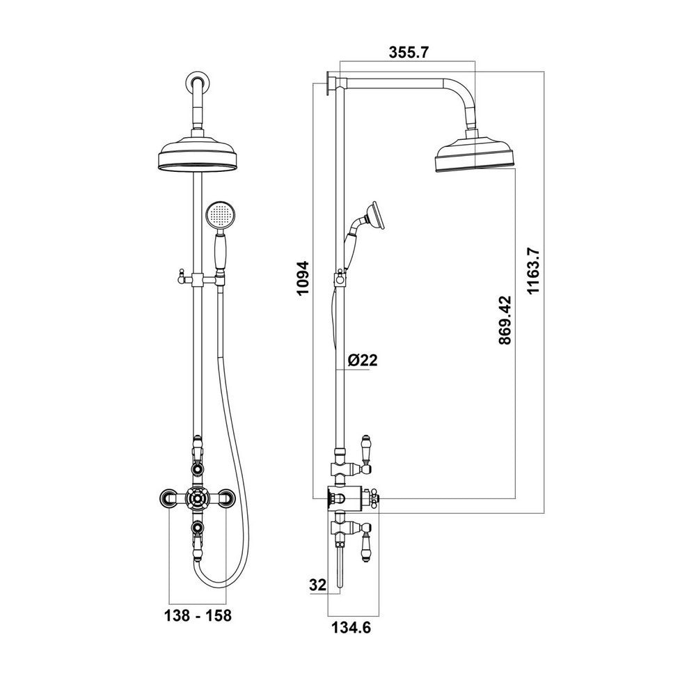 Scudo Traditional Chrome Thermostatic Exposed Valve with Fixed Head and Handset