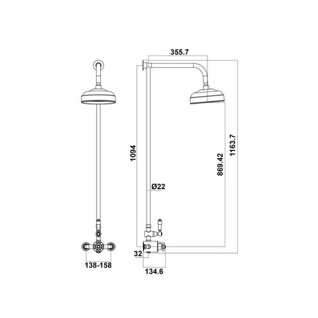 Scudo Traditional Chrome Thermostatic Exposed Valve with Fixed Head Dimensions