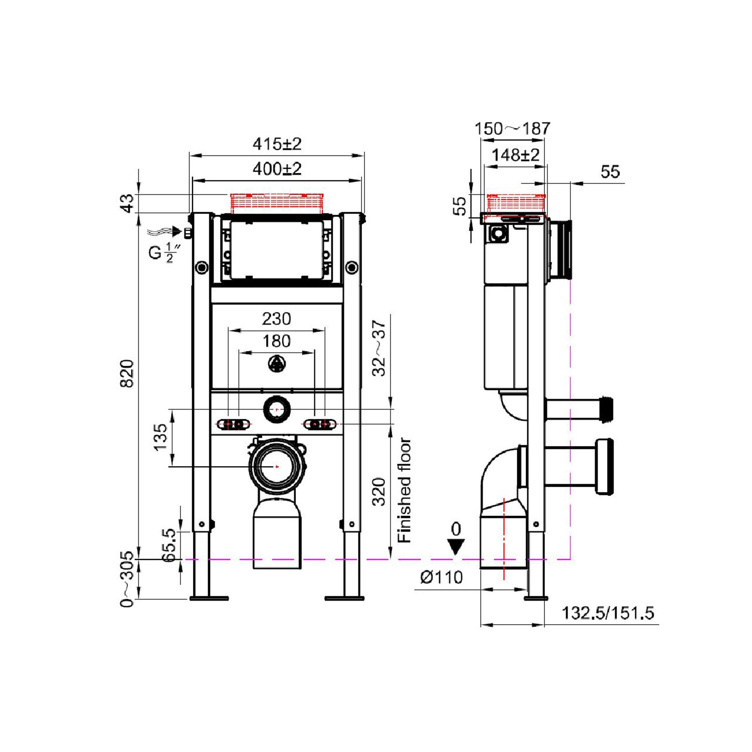 Scudo Under Window WC Frame and Cistern dimensions