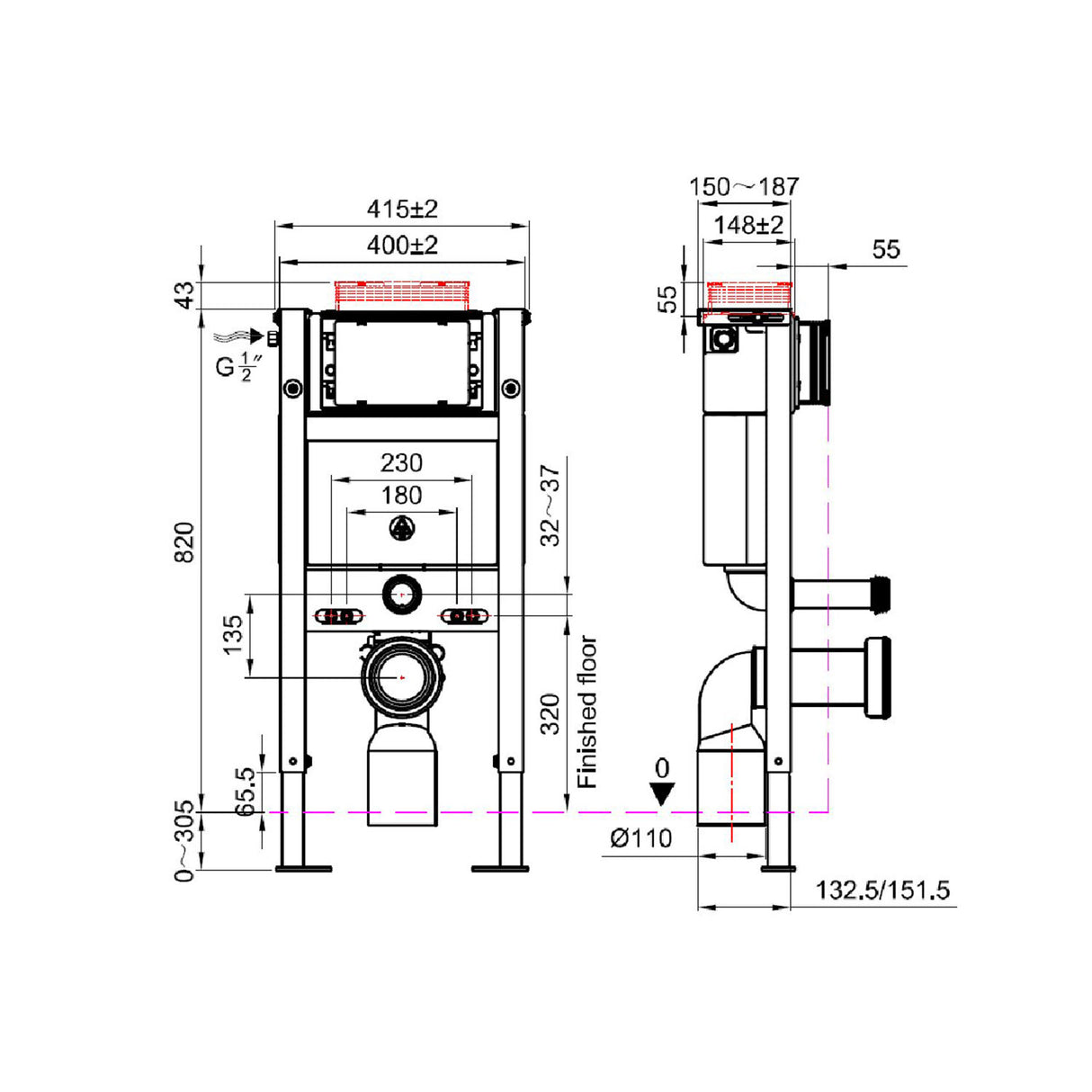 Scudo Under Window WC Frame and Cistern dimensions
