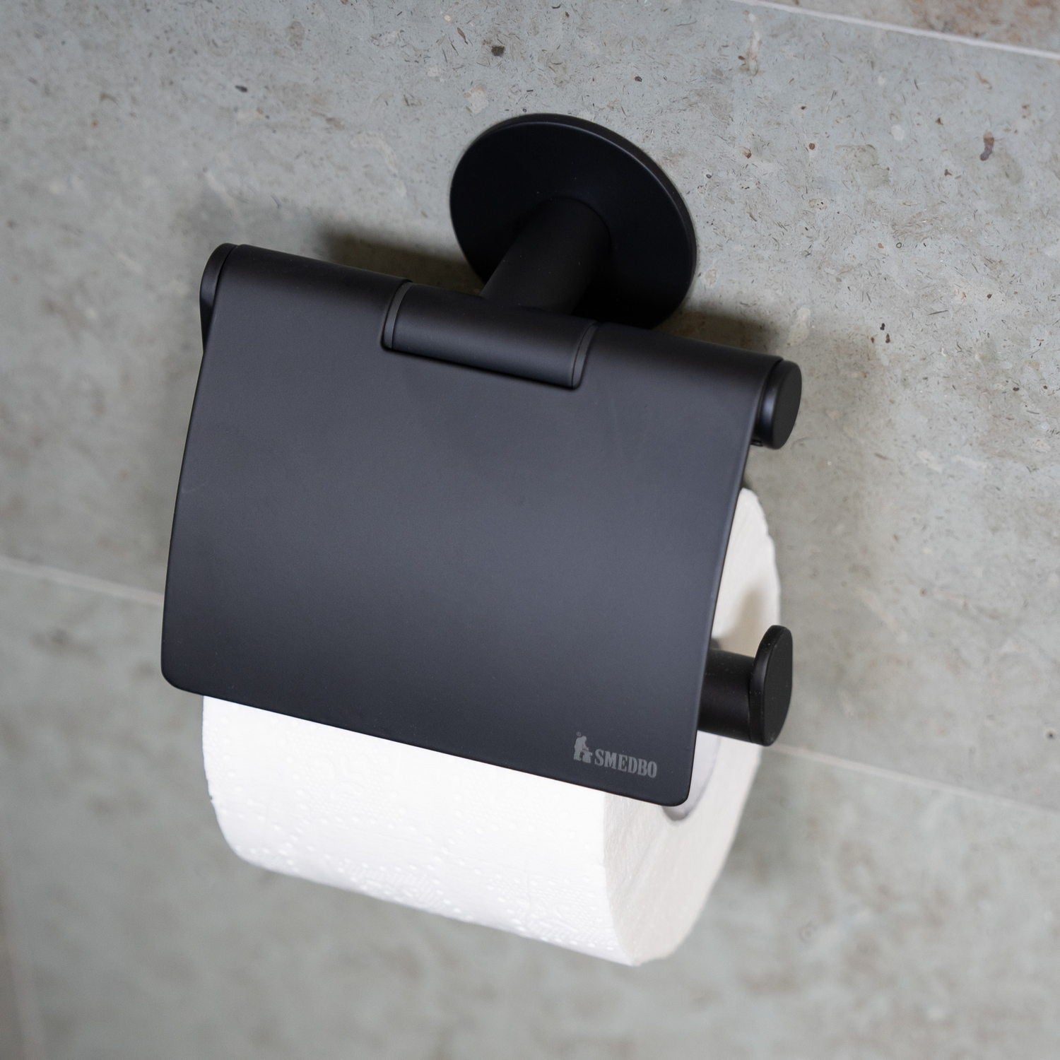 TB3414 Smedbo Dot Black Self Adhesive Toilet Roll Holder with Lid Close Up