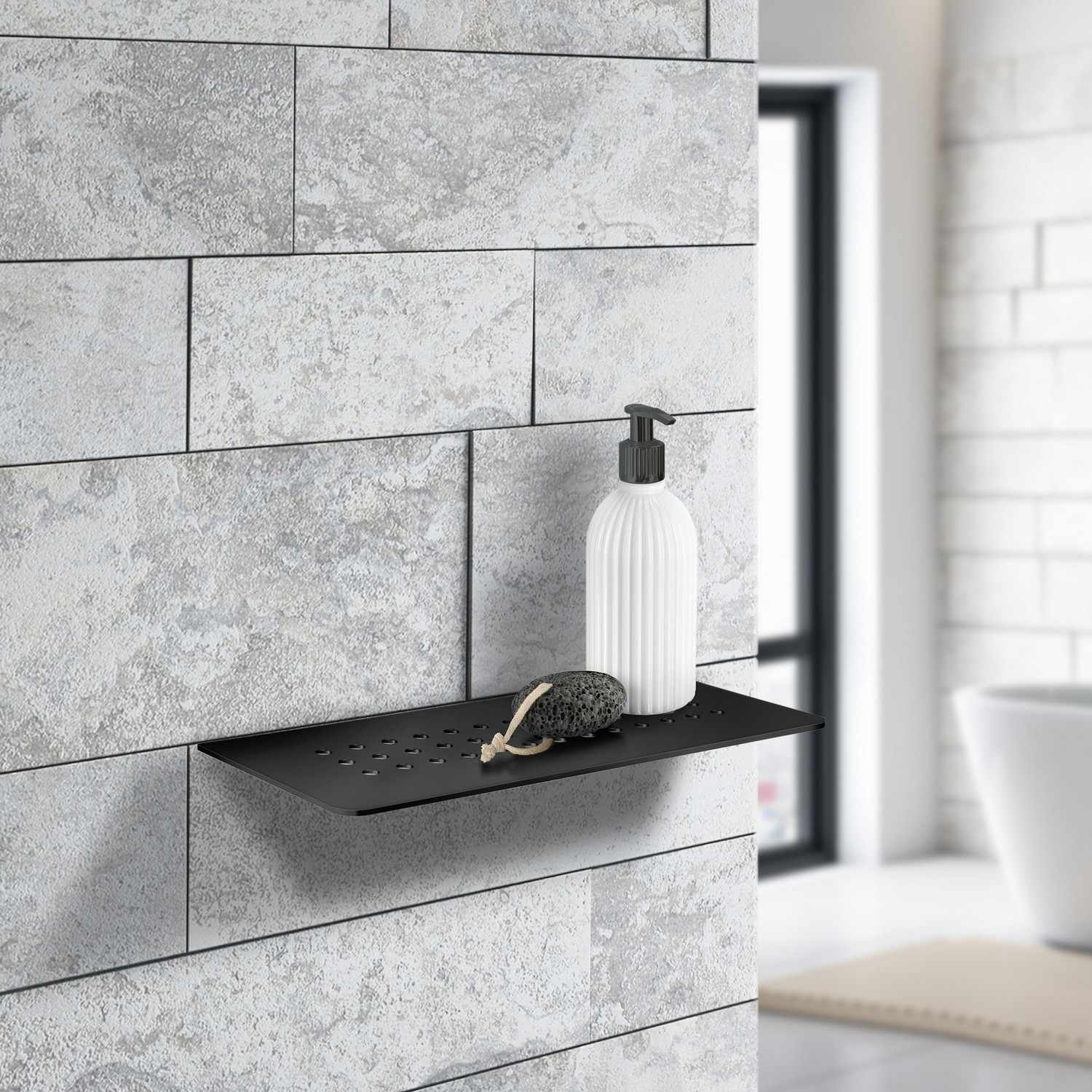 DB3061 Smedbo Grout Line Black Shelf with Holes Installed on Wall