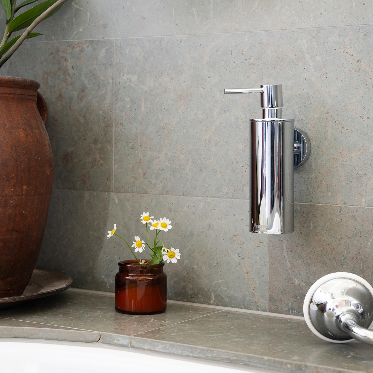 Smedbo Home Wall Mounted Soap Dispenser in Polished Chrome lifestyle