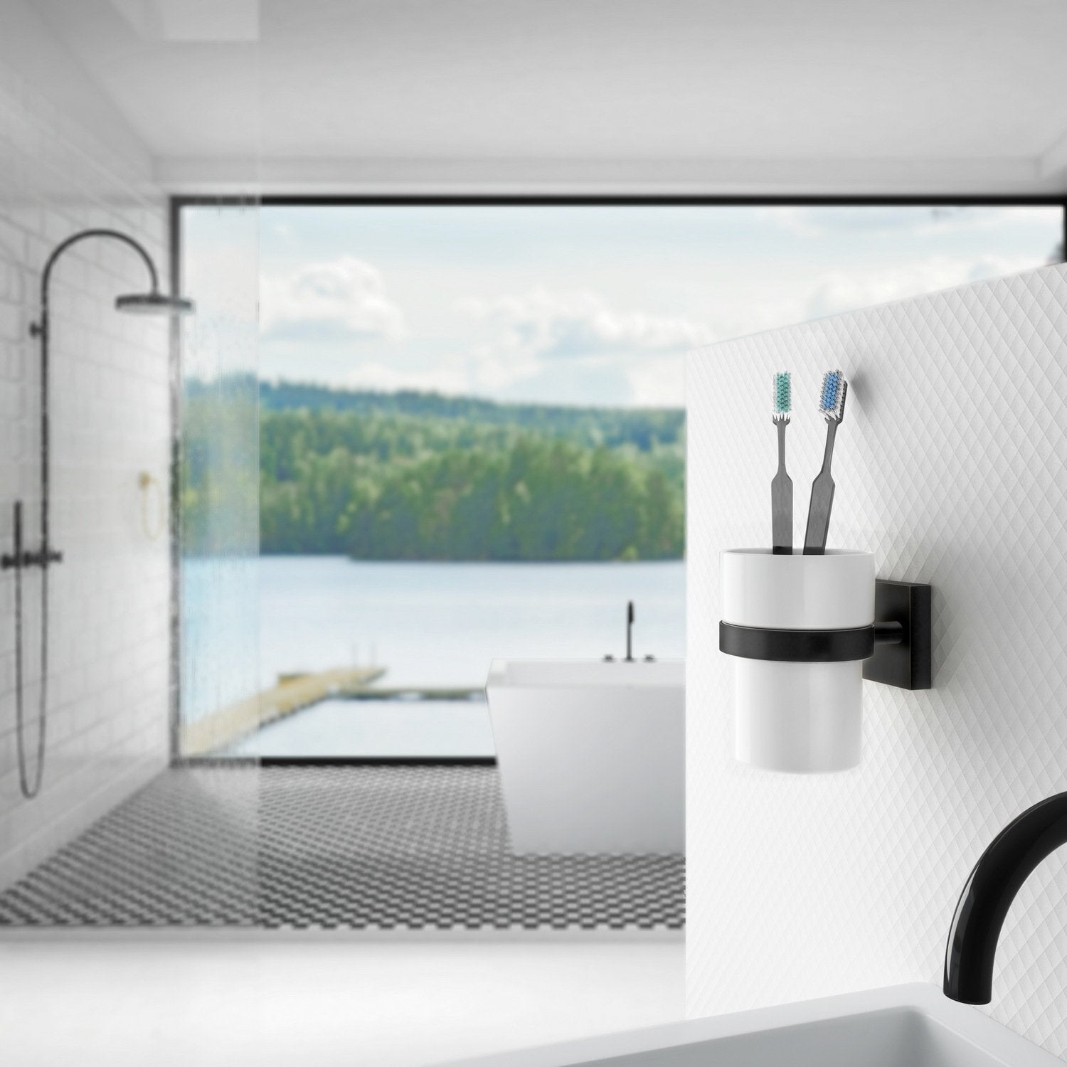 RB343P Smedbo House Porcelain Tumbler and Black Holder Lifestyle