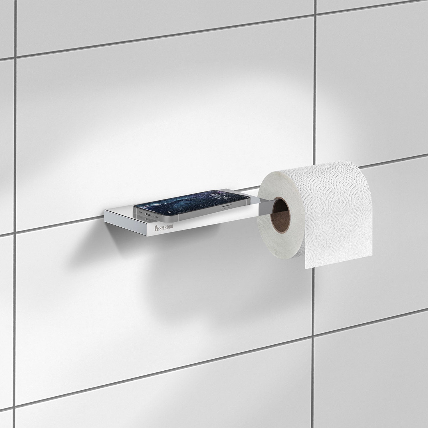 Smedbo Outline Toilet Roll Holder with Shelf in Polished Chrome lifestyle 2