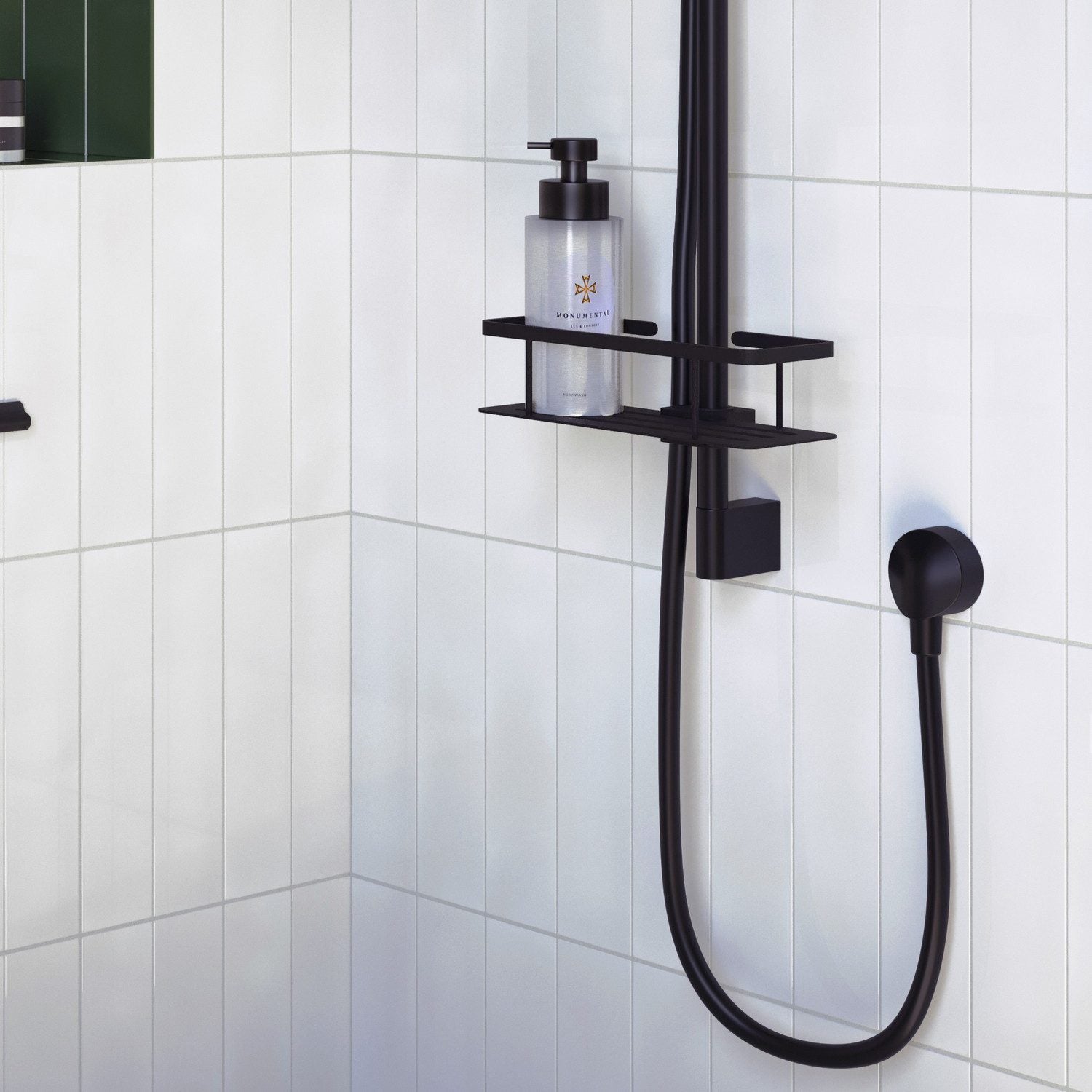 DB3006 Smedbo Sideline Black Shower Riser Rail Basket Installed on a Slide Rail