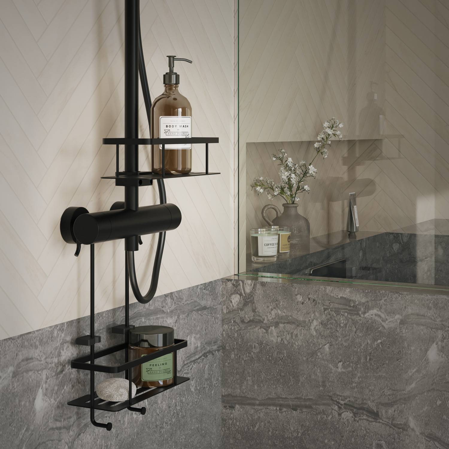 DB3006 Smedbo Sideline Black Shower Riser Rail Basket Lifestyle