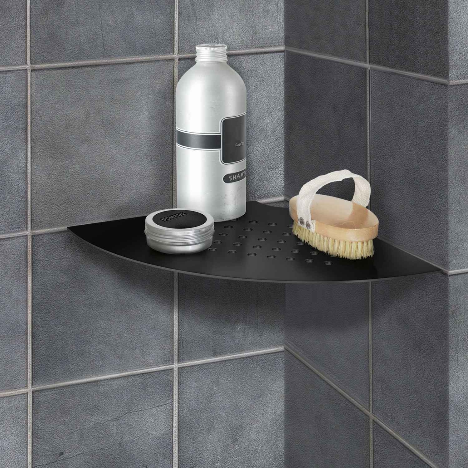 DB3064 Smedbo Sideline Grout Line Black Corner Shelf with Lines Bathroom Setting