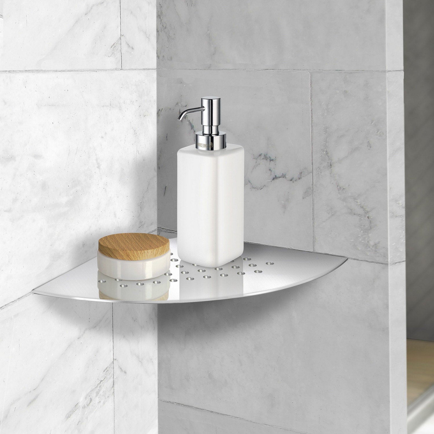 DK3063 Smedbo Sideline Grout Line Polished Corner Shelf with Holes Bathroom Setting