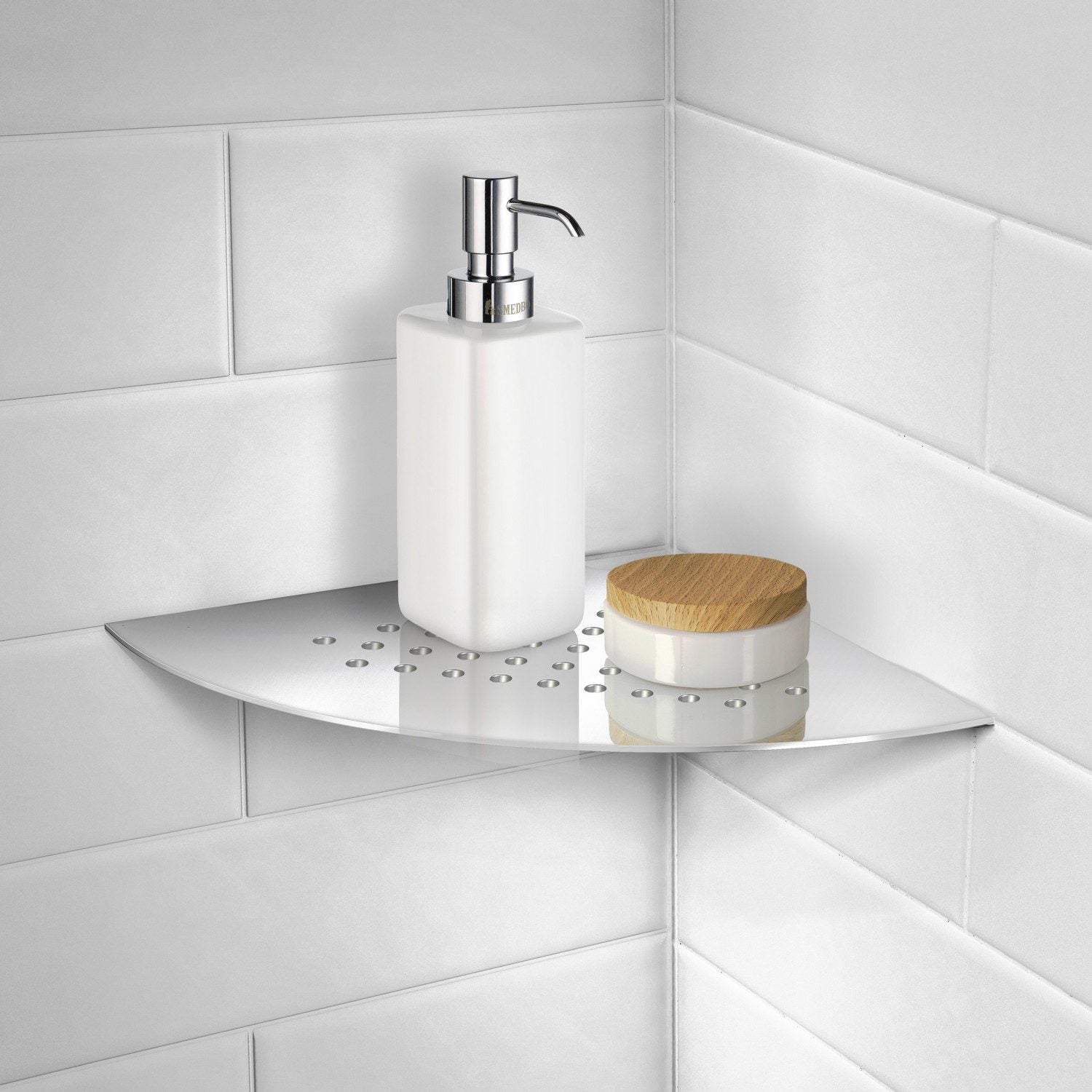 DK3063 Smedbo Sideline Grout Line Polished Corner Shelf with Holes Lifestyle