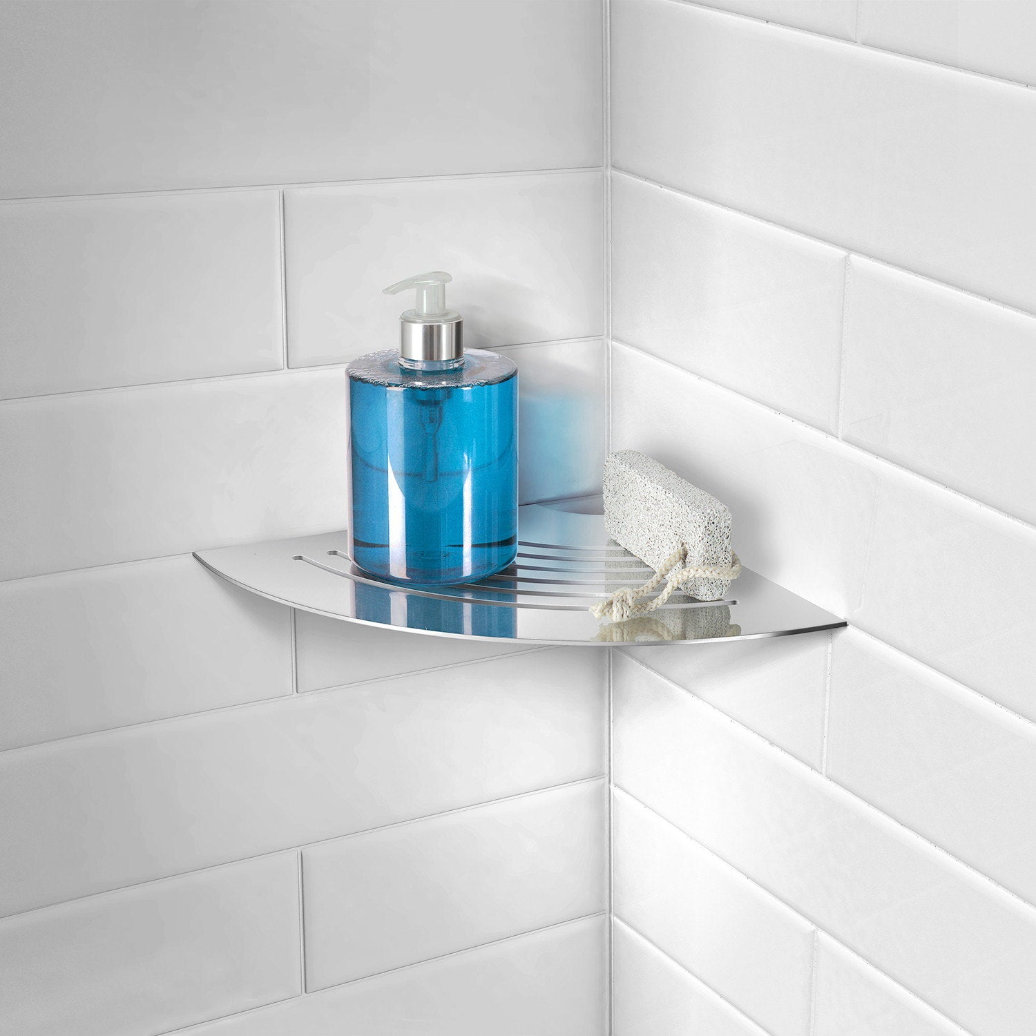 DK3064 Smedbo Sideline Grout Line Polished Corner Shelf with Lines Lifestyle