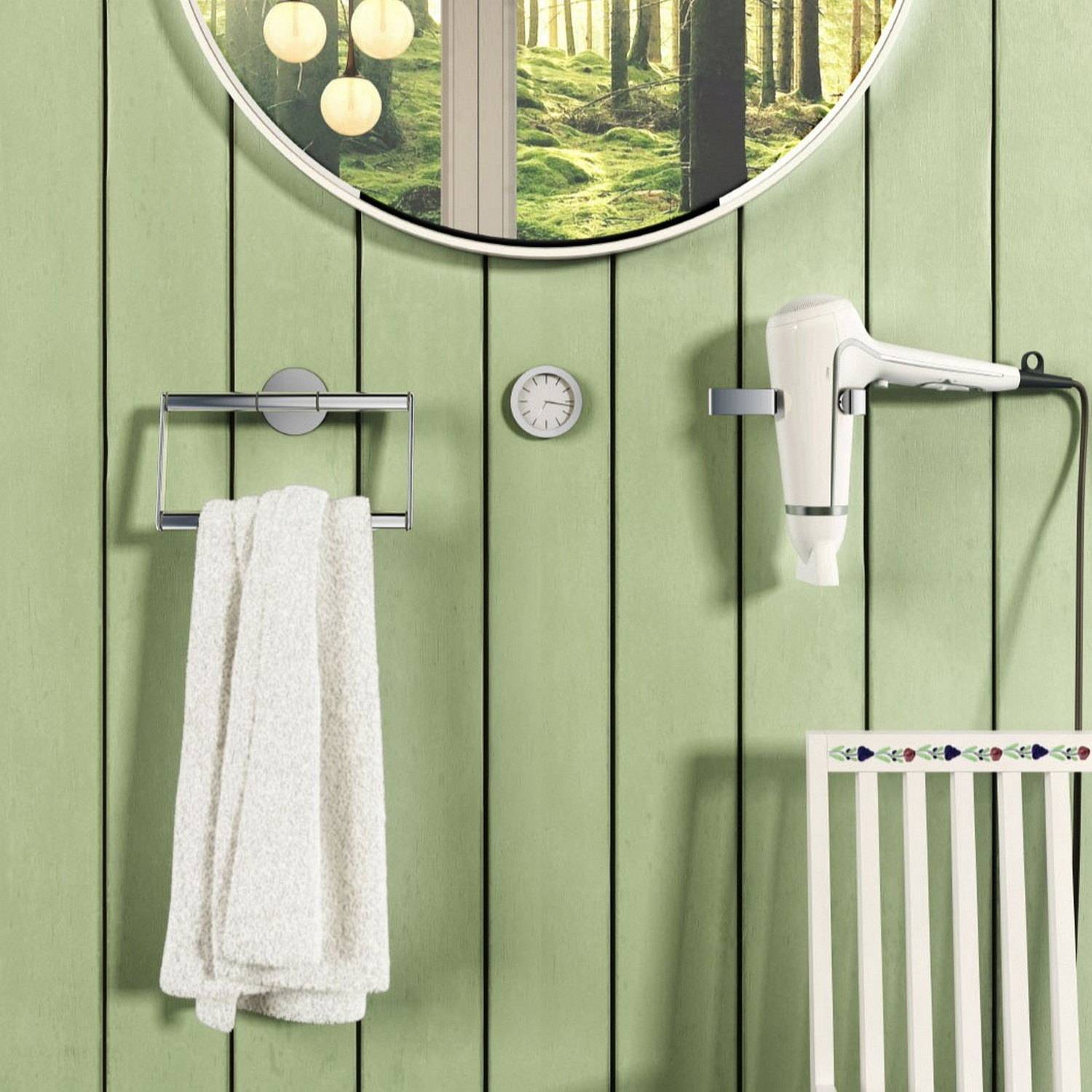 YX380 Smedbo Time Self Adhesive White Bathroom Clock with Hairdryer and Towel Ring