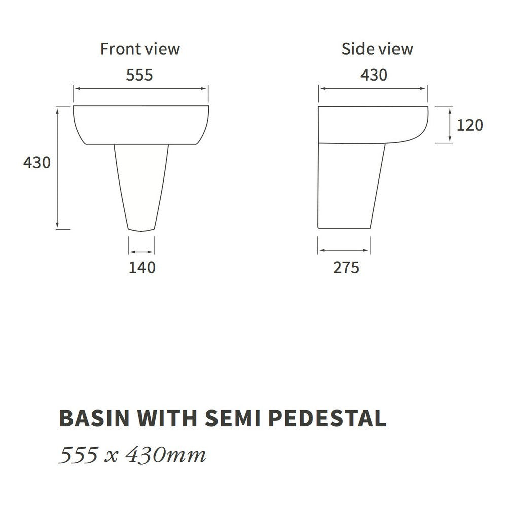 Ajax Caistor 1TH Basin with Semi Pedestal dimensions