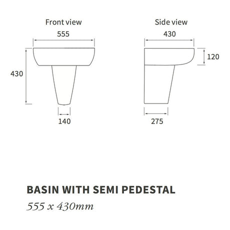 Ajax Caistor 1TH Basin with Semi Pedestal dimensions