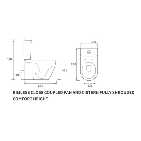 Ajax Caistor Rimless Close Coupled Comfort Height WC and Seat dimensions