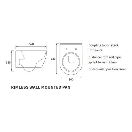 Ajax Caistor Rimless Wall Hung WC and Soft Close Seat dimensions