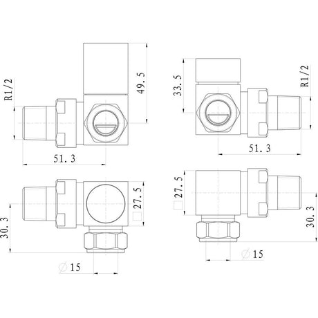 Ajax Squared Corner Radiator Valves in Chrome dimensions