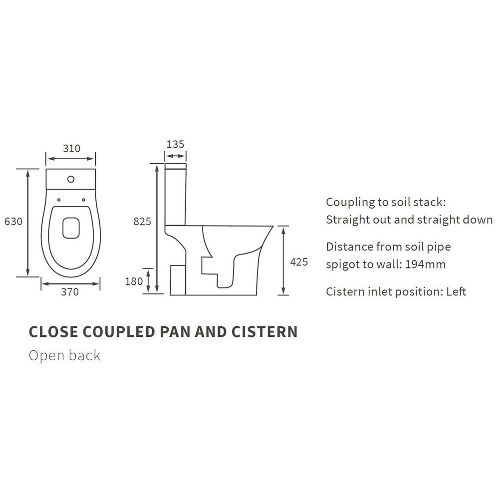 Ajax Donnington Rimless Close Coupled Open Back WC and Seat dimensions