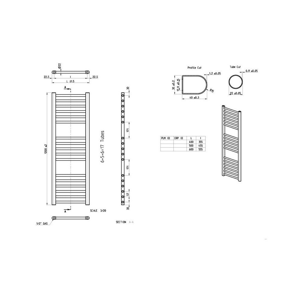 Ajax Kenwick 1200 x 500mm Straight Towel Warmer in Chrome dimensions