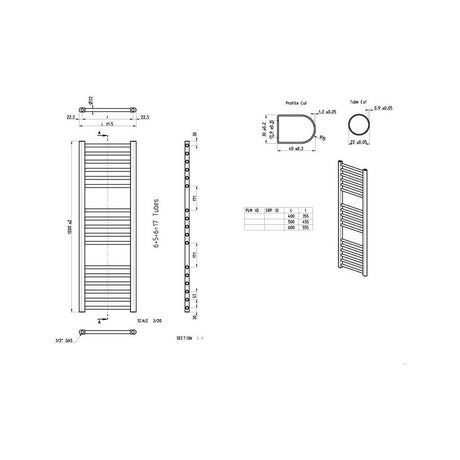 Ajax Kenwick 1200 x 500mm Straight Towel Warmer in Chrome dimensions
