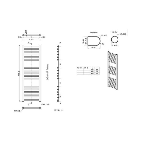 Ajax Kenwick 1200 x 600mm Straight Towel Warmer in Chrome dimensions