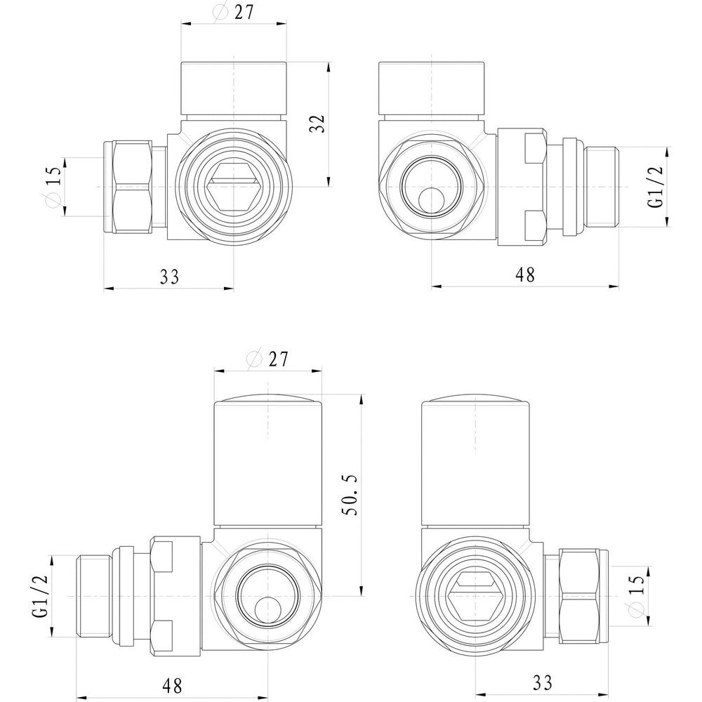 Ajax Patterned Corner Radiator Valves in Chrome dimensions

