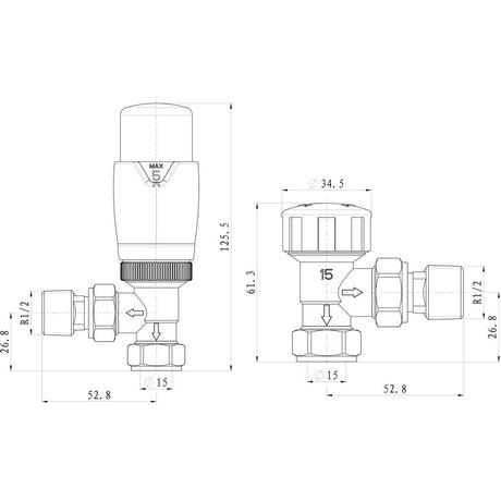 Ajax Round Angled Thermostatic Radiator Valves in Chrome dimensions