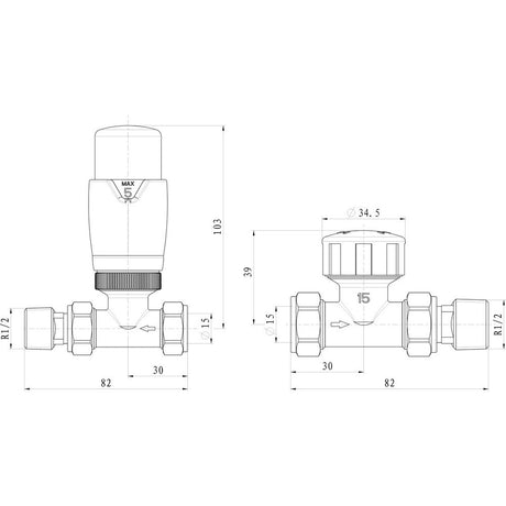 Ajax Round Straight Thermostatic Radiator Valves in Matt Black dimensions