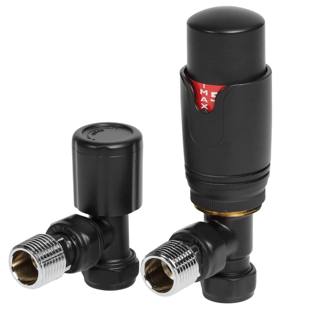 Ajax Round Angled Thermostatic Radiator Valves in Matt Black