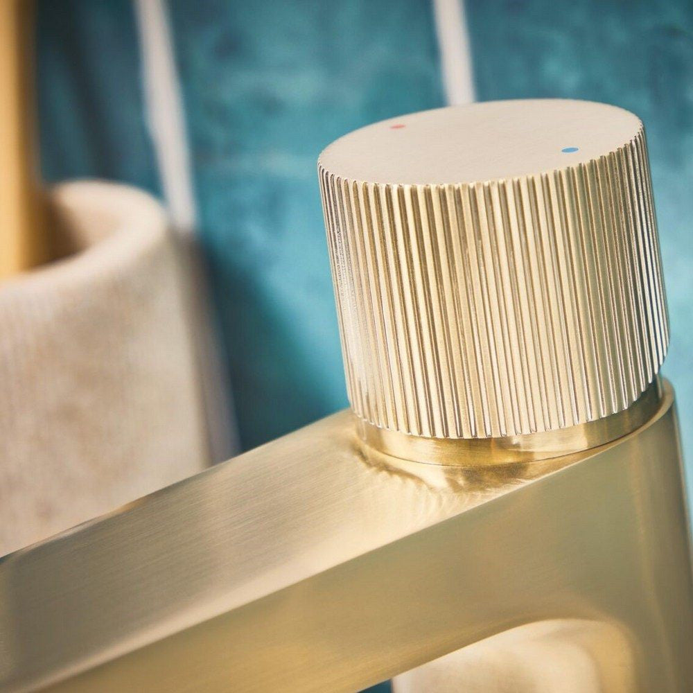 Scudo Koko Tall Basin Mixer in Brushed Brass handle